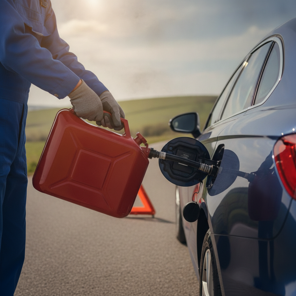 Photorealistic roadside fuel delivery scene showing a person pouring gasoline directly from a red jerry can into the open fuel filler port of a stranded passenger car. The fuel door is open, and the jerry can spout is clearly inserted into